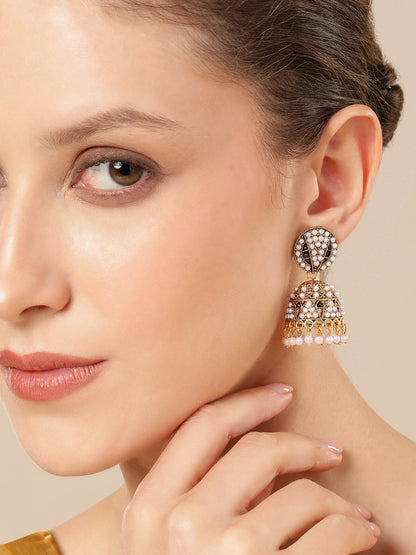 Gold Plated Pearl Studded Kundan Jhumkas Earrings