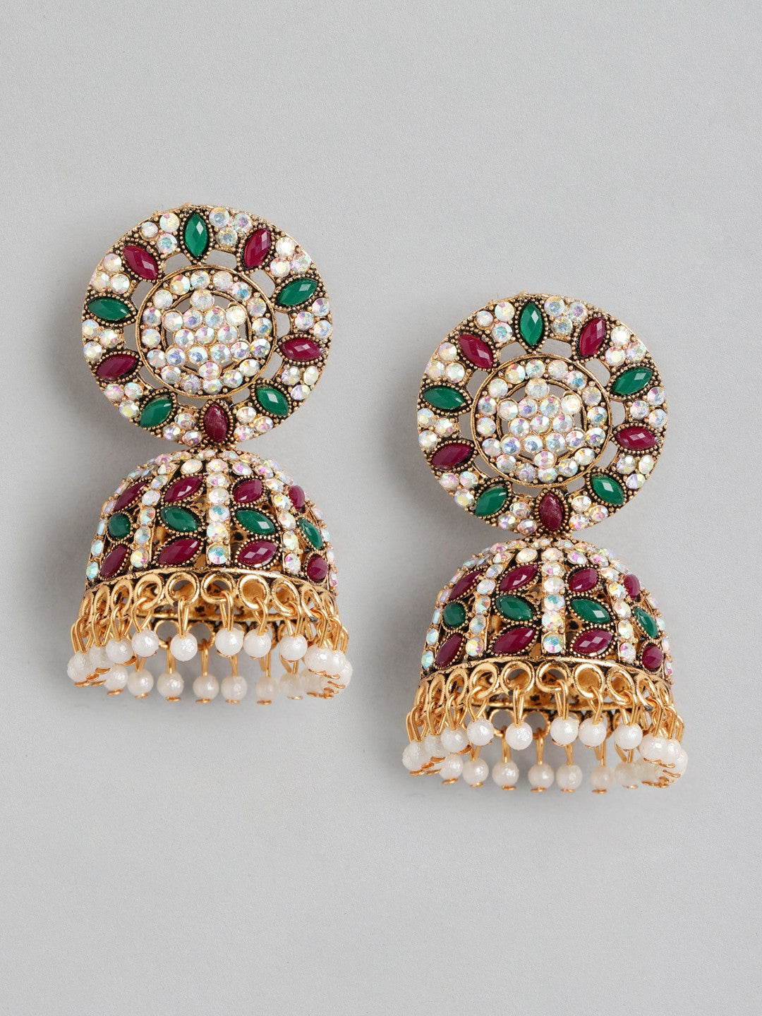 Gold-Plated Maroon Beaded Classic Jhumkas Earrings