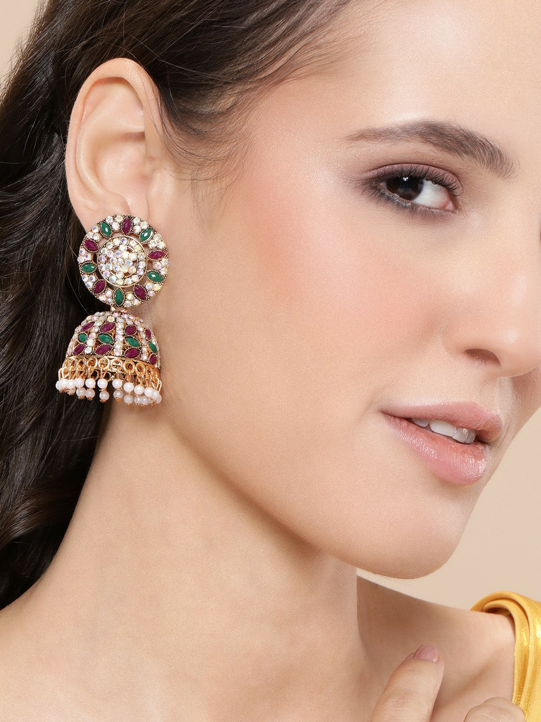 Gold-Plated Maroon Beaded Classic Jhumkas Earrings