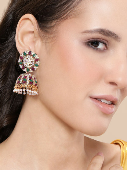 Gold-Plated Maroon Beaded Classic Jhumkas Earrings