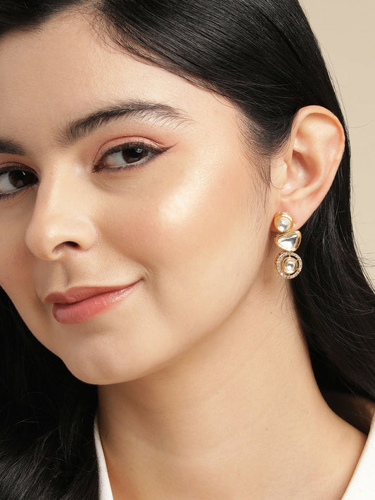 Gold Plated Kundan Studded Contemporary Drop Earrings