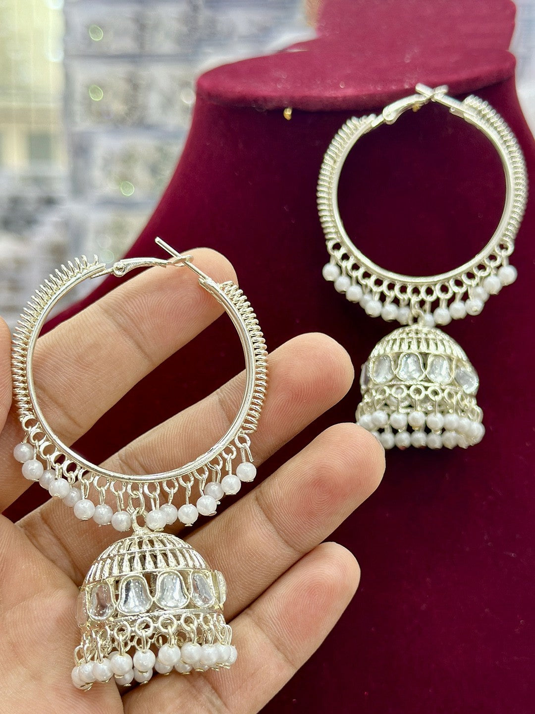 White Rhinestone Contemporary Jhumkas Earrings