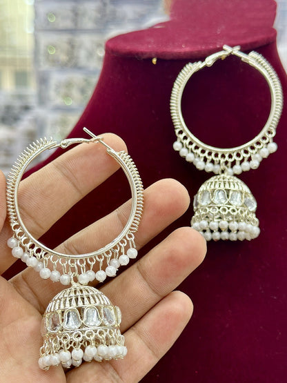 White Rhinestone Contemporary Jhumkas Earrings