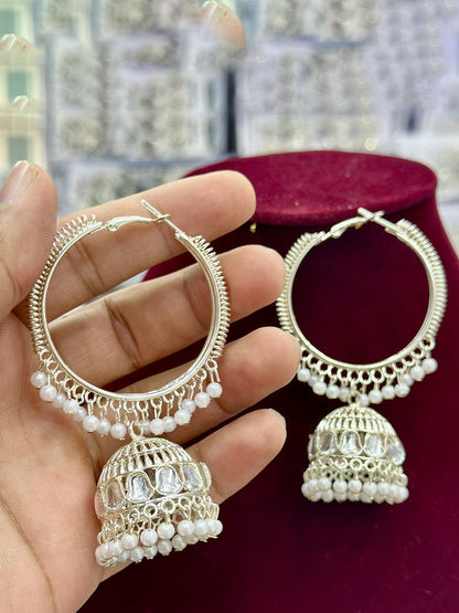 White Rhinestone Contemporary Jhumkas Earrings
