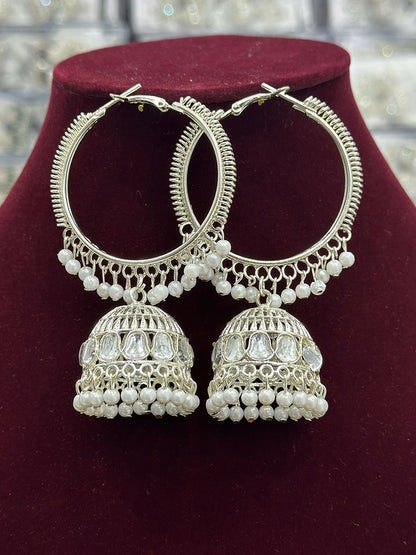 White Rhinestone Contemporary Jhumkas Earrings
