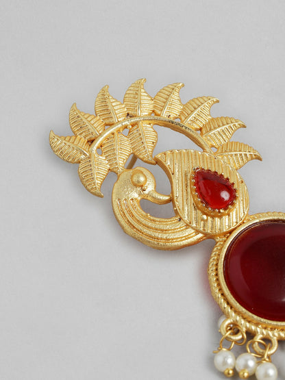 Gold-Plated Beaded Peacock Drop Earrings – Maroon & Gold