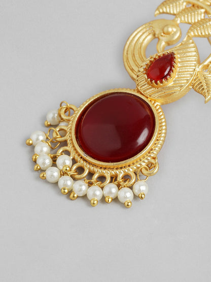 Gold-Plated Beaded Peacock Drop Earrings – Maroon & Gold