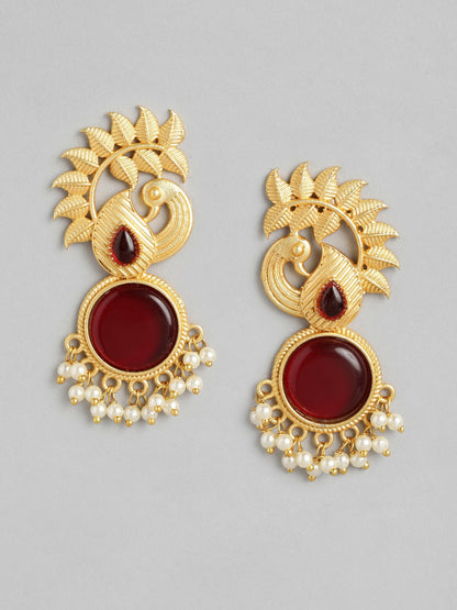 Gold-Plated Beaded Peacock Drop Earrings – Maroon & Gold
