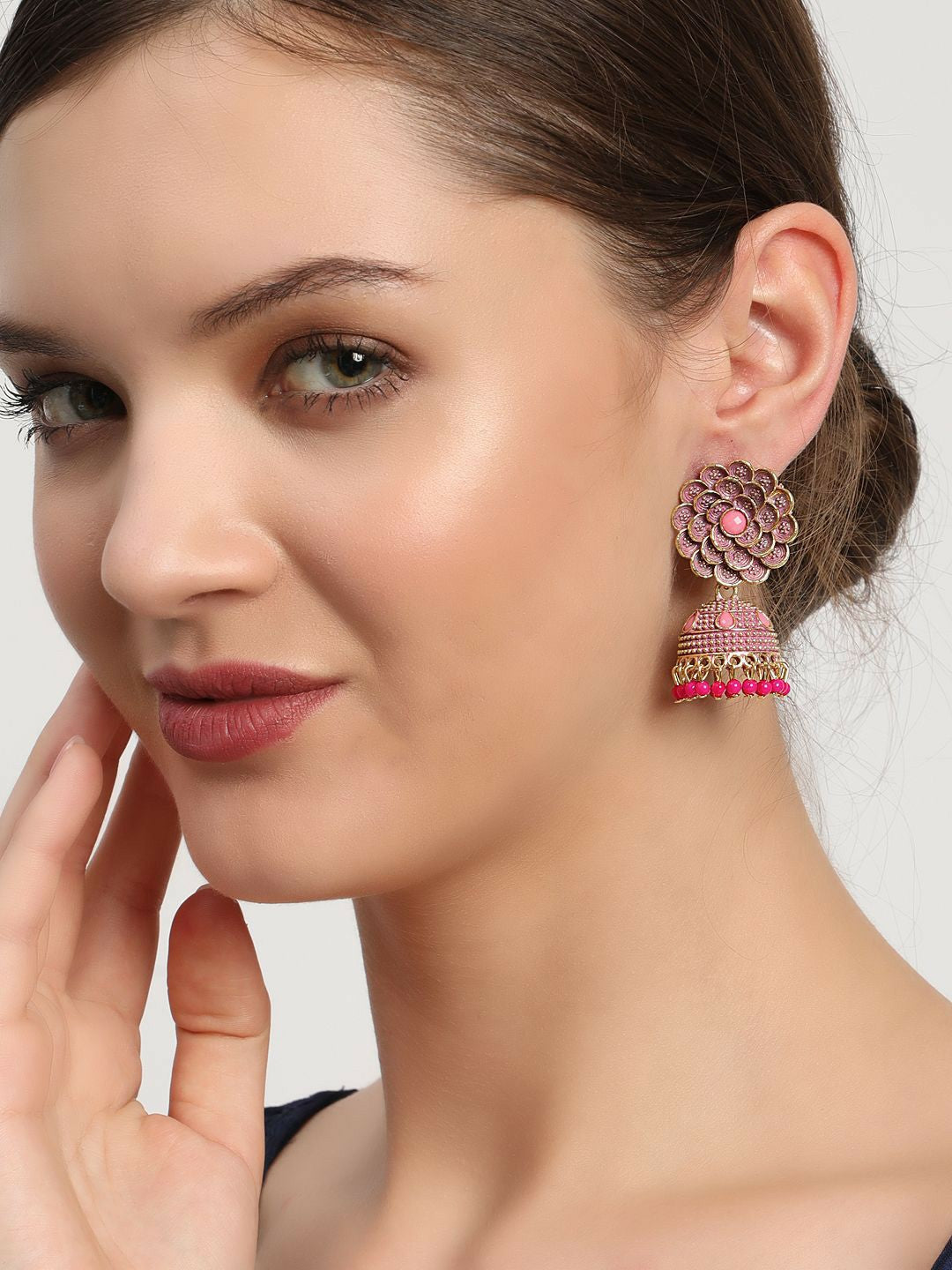 Gold-Plated Pink Beaded Dome Shaped Jhumkas
