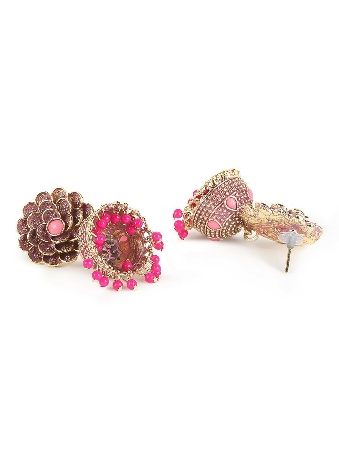 Gold-Plated Pink Beaded Dome Shaped Jhumkas