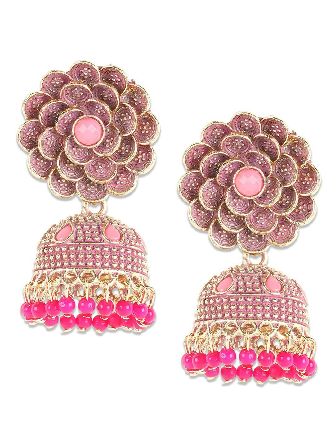 Gold-Plated Pink Beaded Dome Shaped Jhumkas