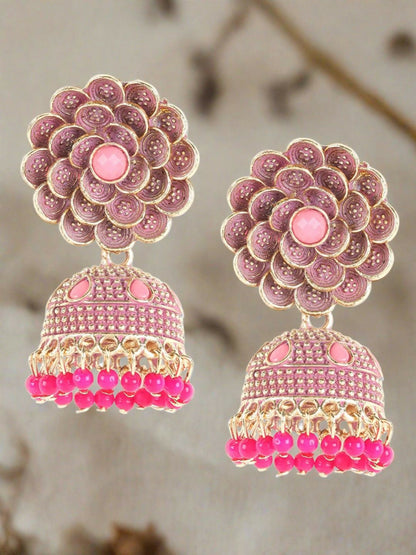 Gold-Plated Pink Beaded Dome Shaped Jhumkas
