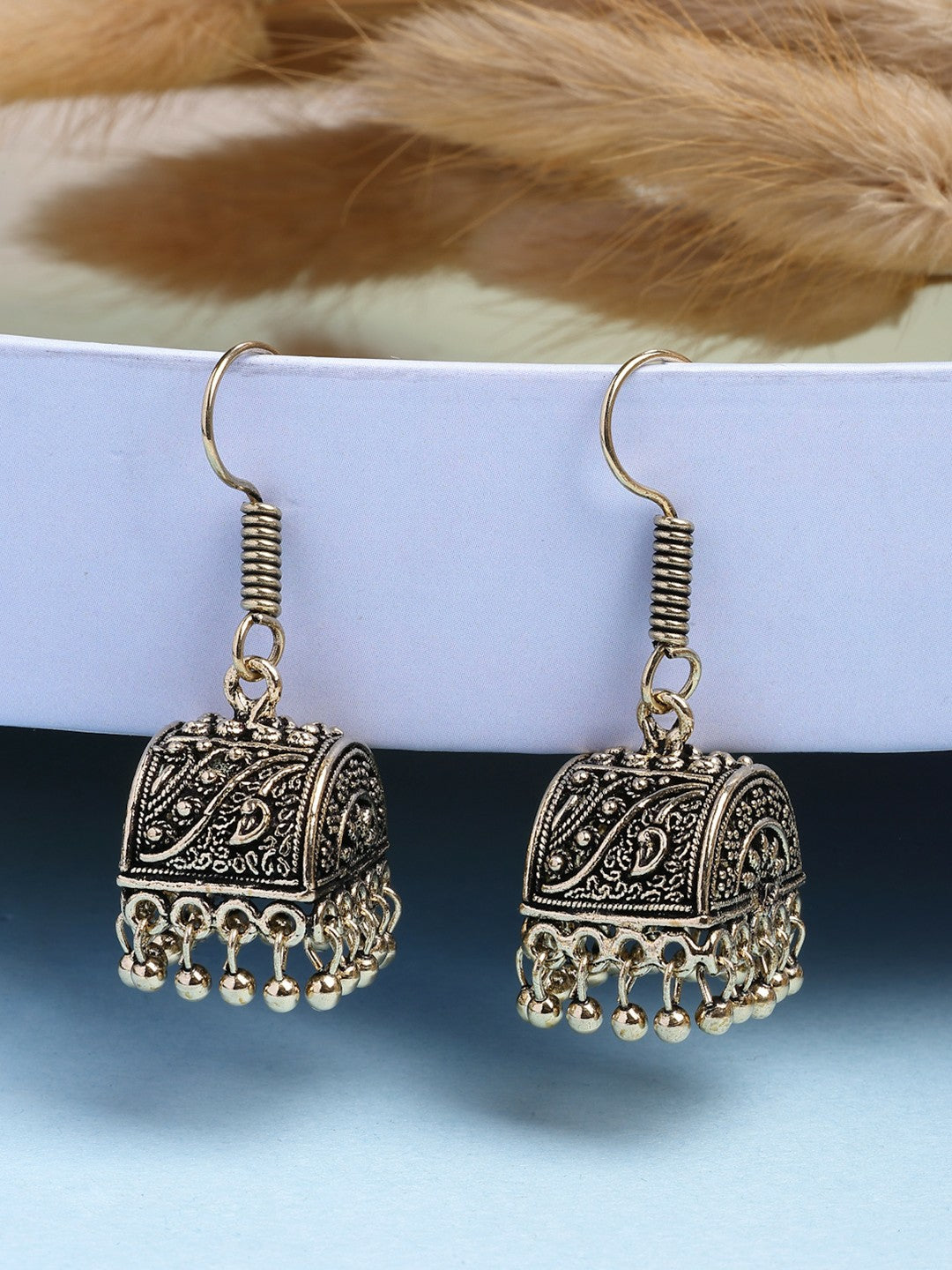 Set of 3 Gold-Plated Oxidised Contemporary Jhumka Earrings for Women