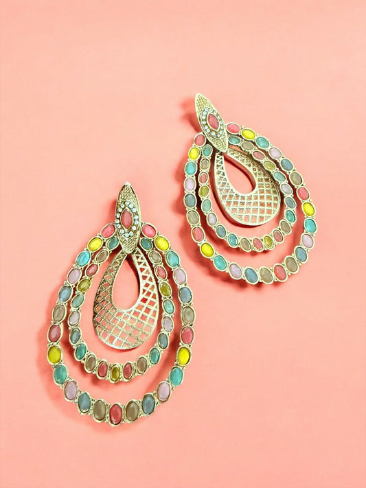 Artificial Stones Studded Teardrop Drop Earrings
