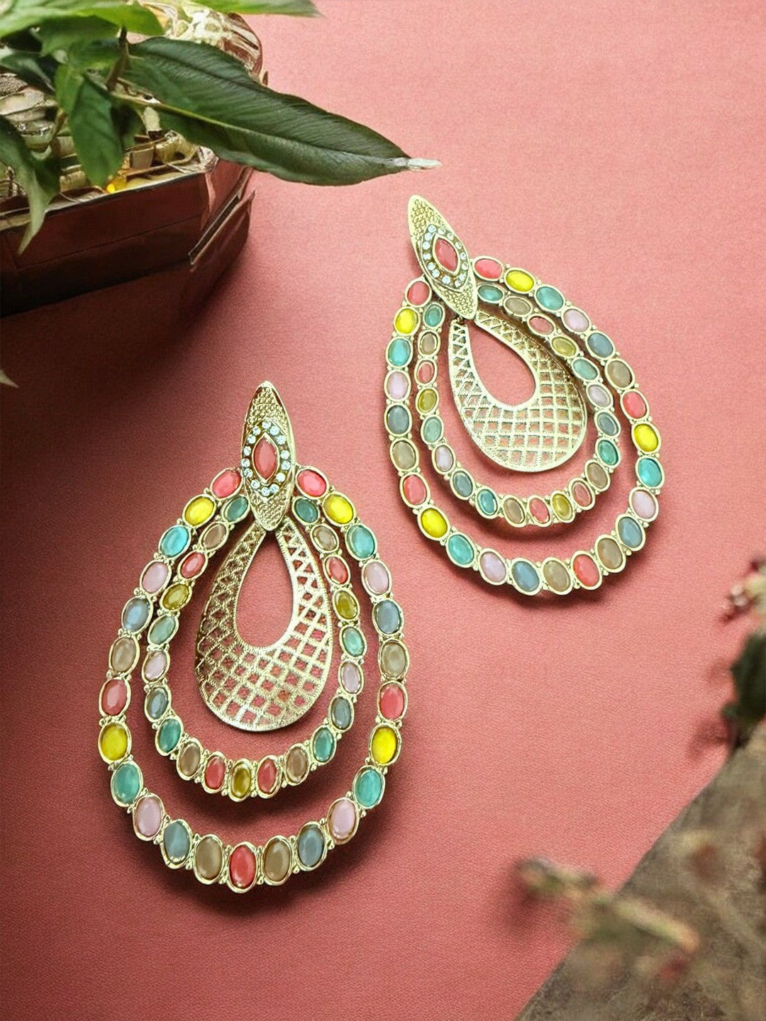 Artificial Stones Studded Teardrop Drop Earrings