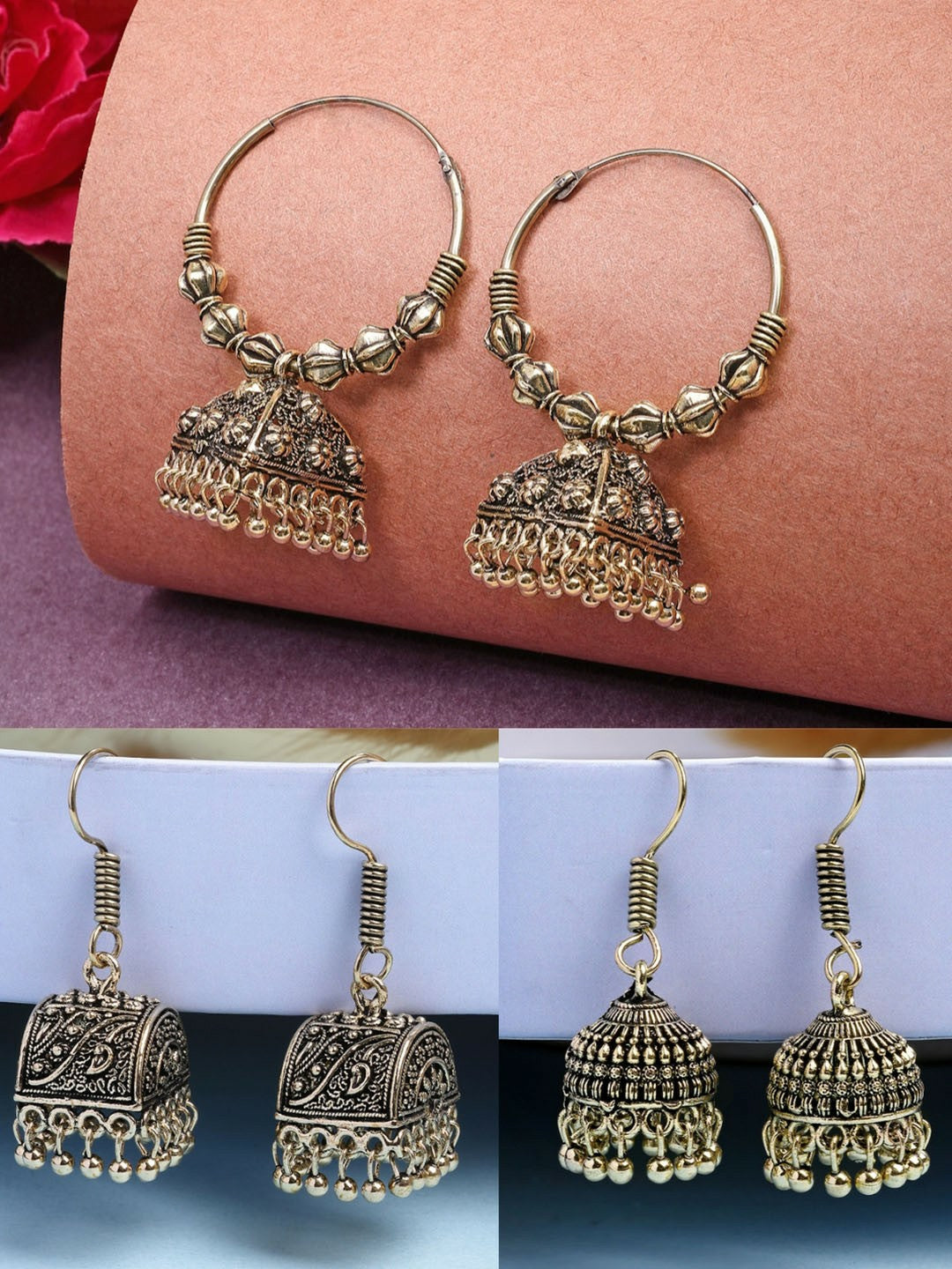 Set of 3 Gold-Plated Oxidised Contemporary Jhumka Earrings for Women