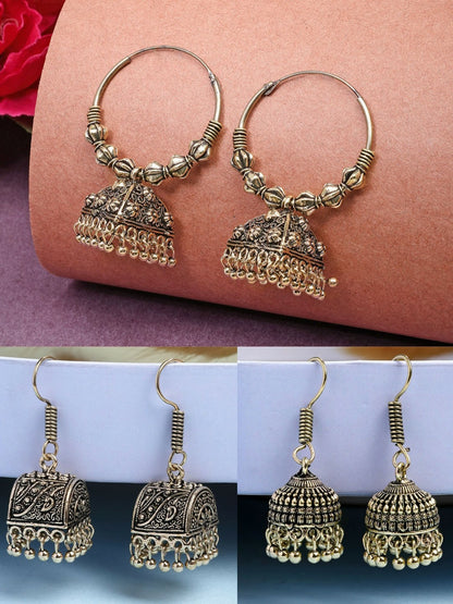 Set of 3 Gold-Plated Oxidised Contemporary Jhumka Earrings for Women