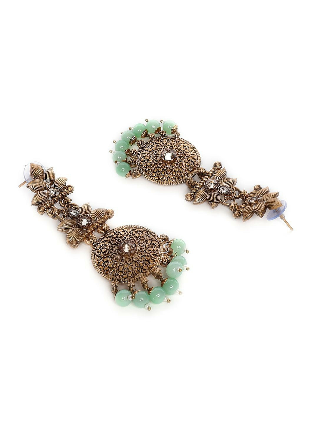 Gold-Plated Sea Green & Brown Stone Studded Drop Earrings