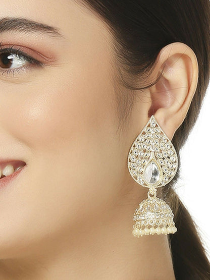 Gold-Toned Teardrop Kundan Jhumka Earrings