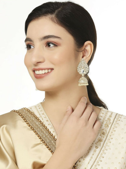 Gold-Toned Teardrop Kundan Jhumka Earrings