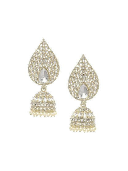 Gold-Toned Teardrop Kundan Jhumka Earrings