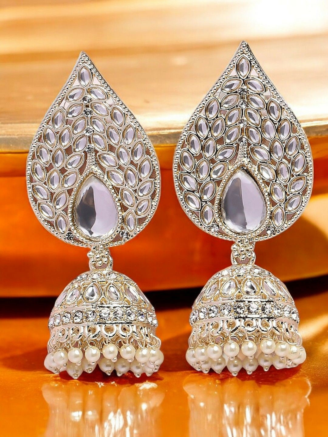 Gold-Toned Teardrop Kundan Jhumka Earrings