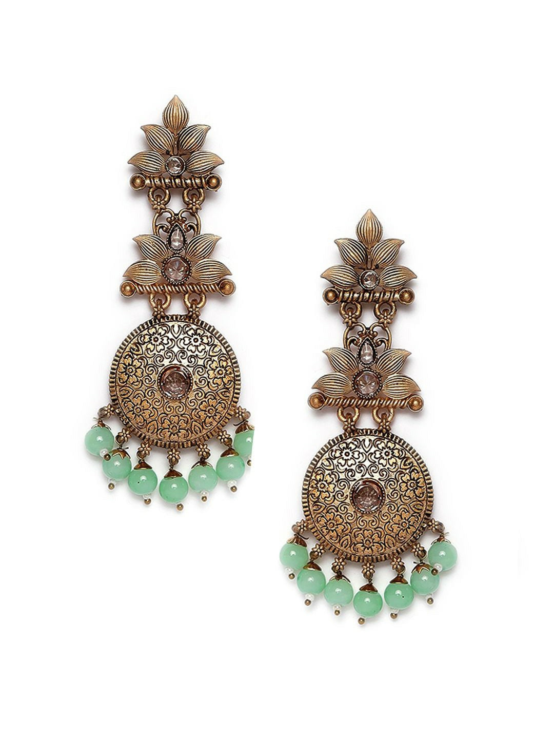 Gold-Plated Sea Green & Brown Stone Studded Drop Earrings