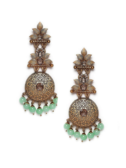 Gold-Plated Sea Green & Brown Stone Studded Drop Earrings