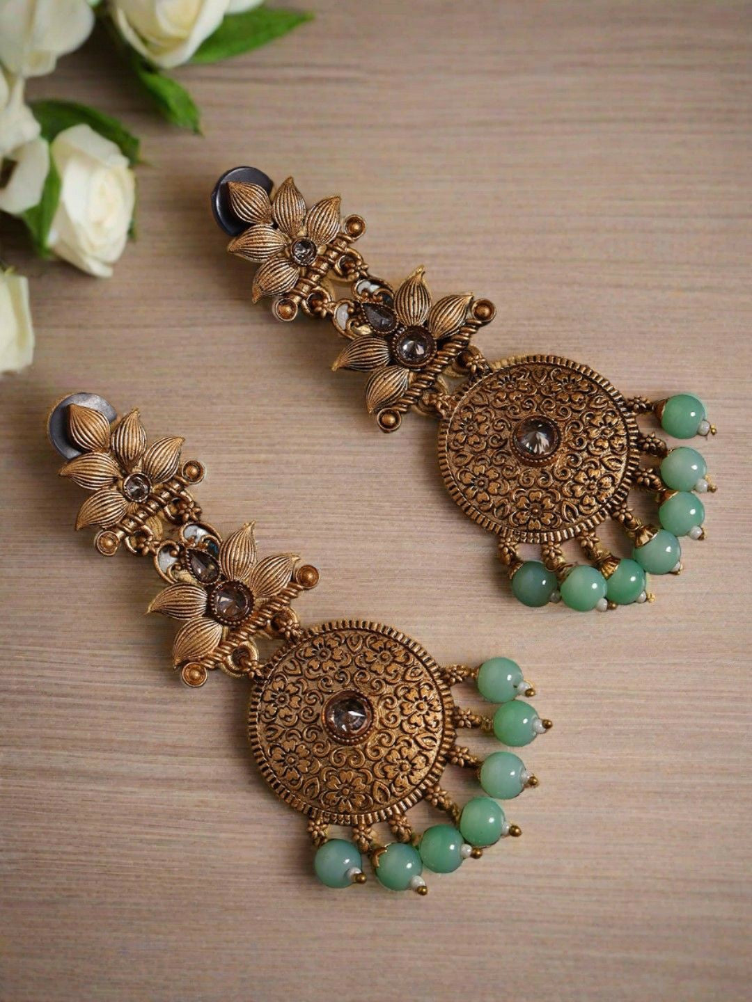 Gold-Plated Sea Green & Brown Stone Studded Drop Earrings