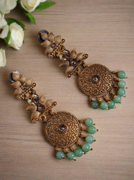 Gold-Plated Sea Green & Brown Stone Studded Drop Earrings