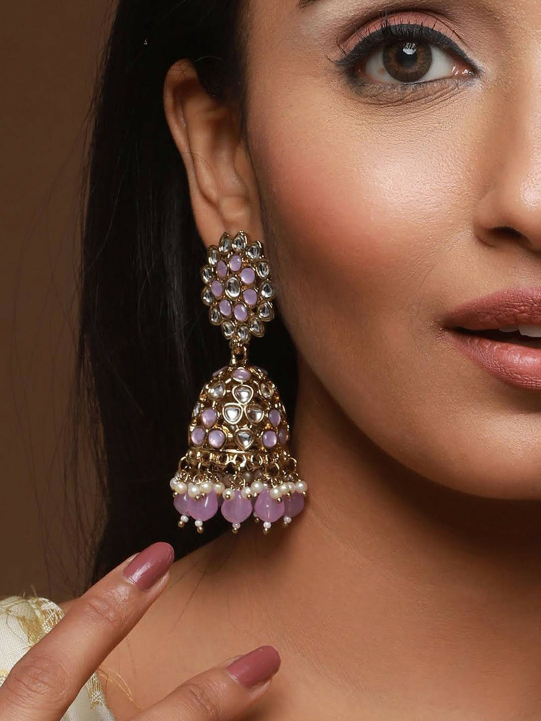 Gold-Plated Lavender Dome Kundan Jhumkas