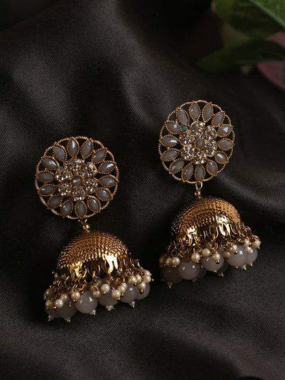 Gold Plated Dome Shaped Kundan Studded & Beaded Jhumkas