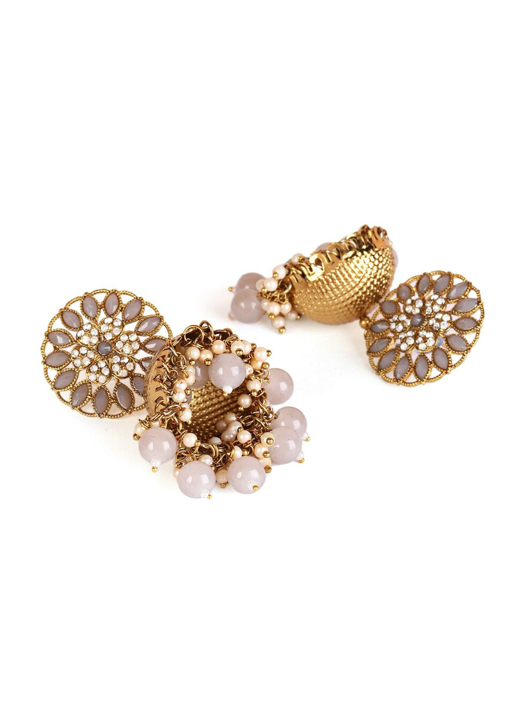 Gold Plated Dome Shaped Kundan Studded & Beaded Jhumkas