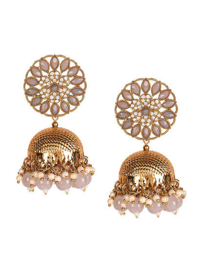 Gold Plated Dome Shaped Kundan Studded & Beaded Jhumkas