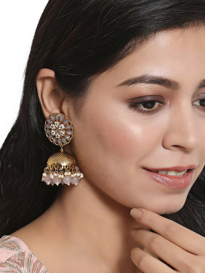 Gold Plated Dome Shaped Kundan Studded & Beaded Jhumkas