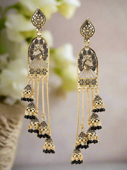 Gold-Plated Peacock Dome Jhumkas with Black Beads