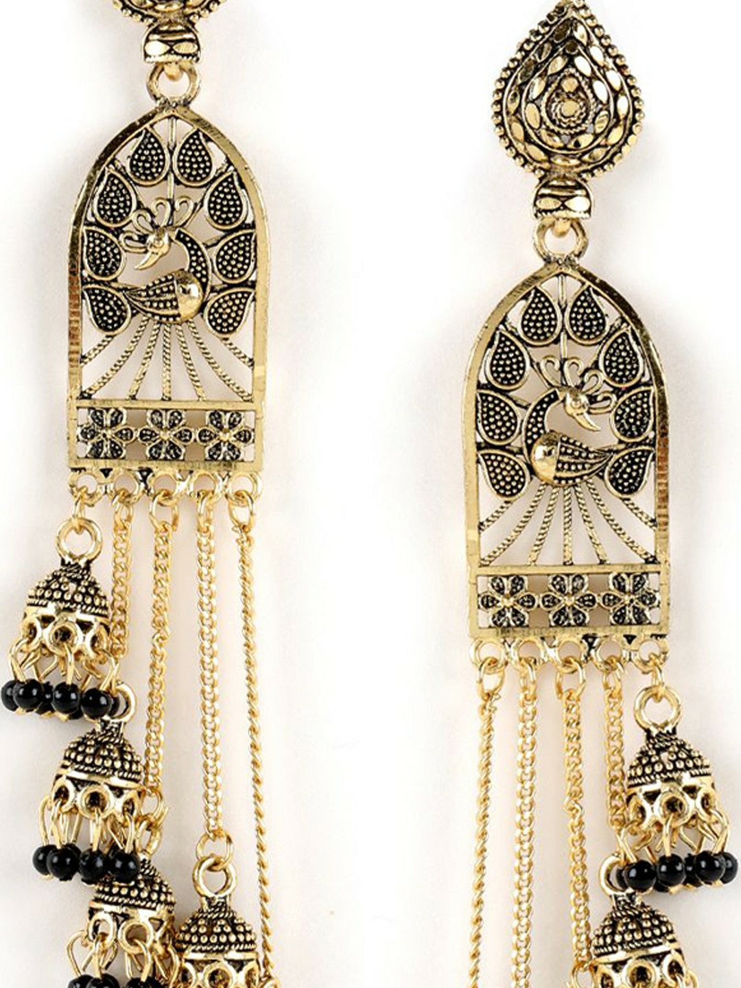 Gold-Plated Peacock Dome Jhumkas with Black Beads