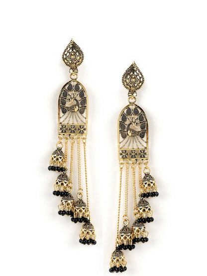 Gold-Plated Peacock Dome Jhumkas with Black Beads