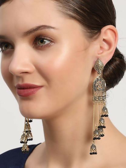 Gold-Plated Peacock Dome Jhumkas with Black Beads
