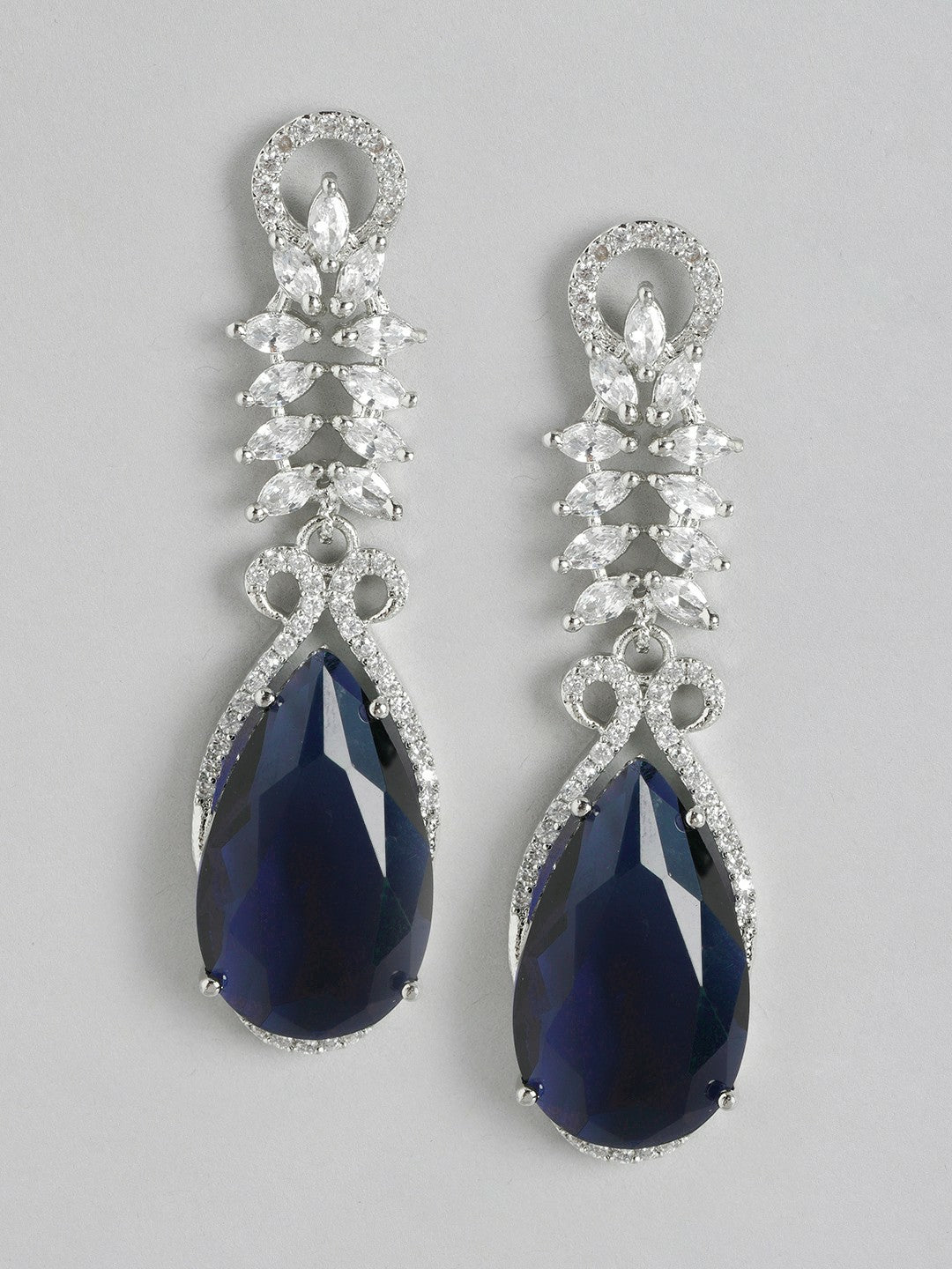 Silver-Plated American Diamond Blue Chandelier Drop Earrings