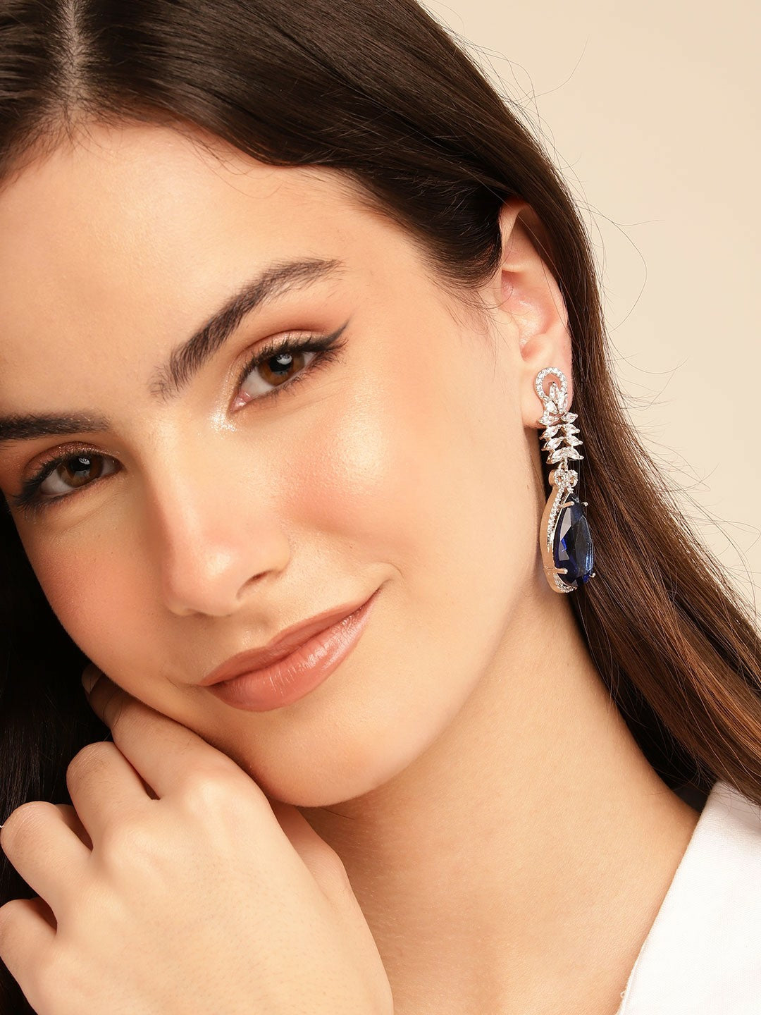 Silver-Plated American Diamond Blue Chandelier Drop Earrings