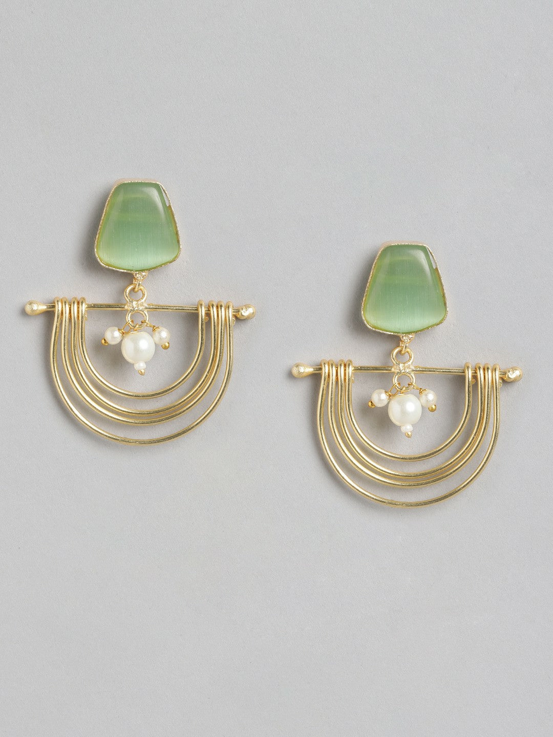 Gold-Plated Green Beaded Contemporary Drop Earrings