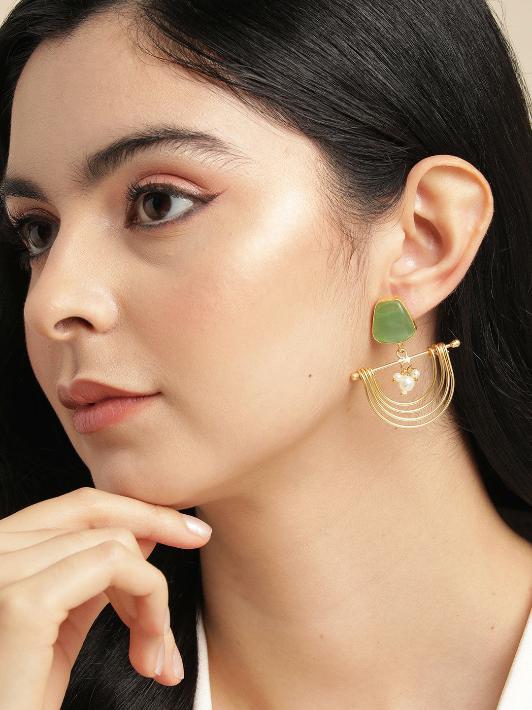 Gold-Plated Green Beaded Contemporary Drop Earrings
