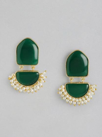 Gold Plated Green Beaded Contemporary Drop Earrings