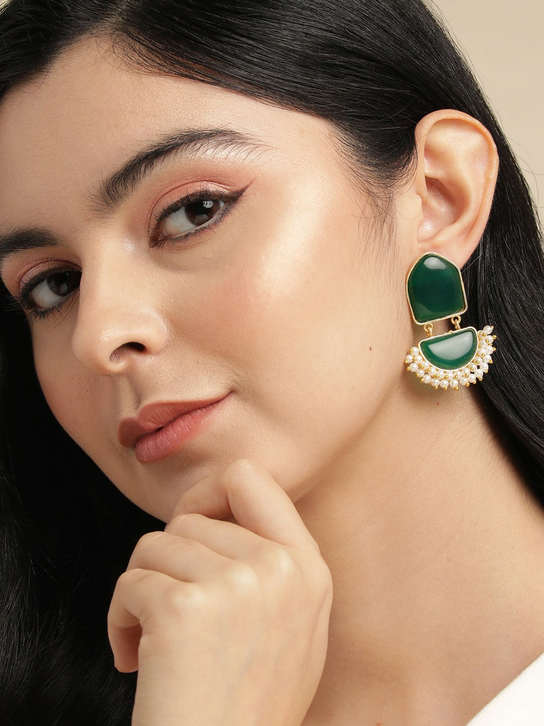 Gold Plated Green Beaded Contemporary Drop Earrings