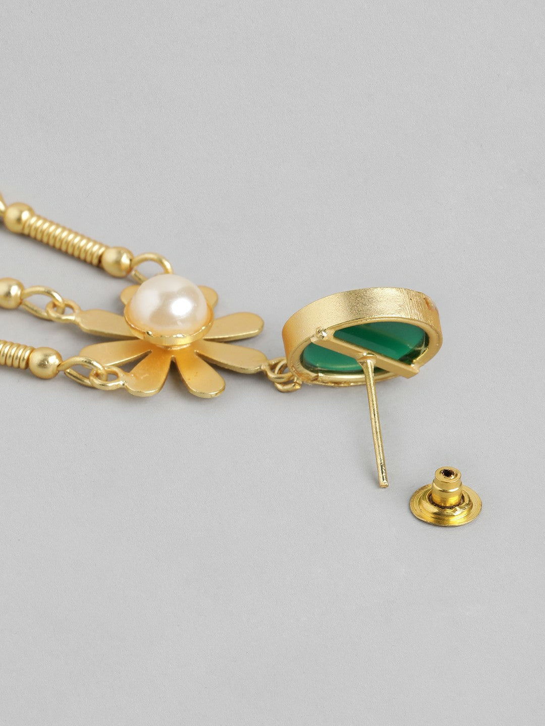 Gold Plated Green Floral Chandelier Drop Earrings with Beads