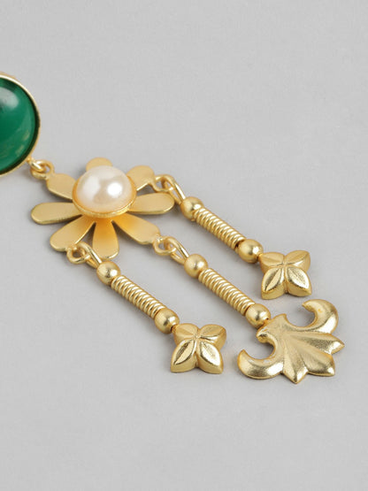 Gold Plated Green Floral Chandelier Drop Earrings with Beads