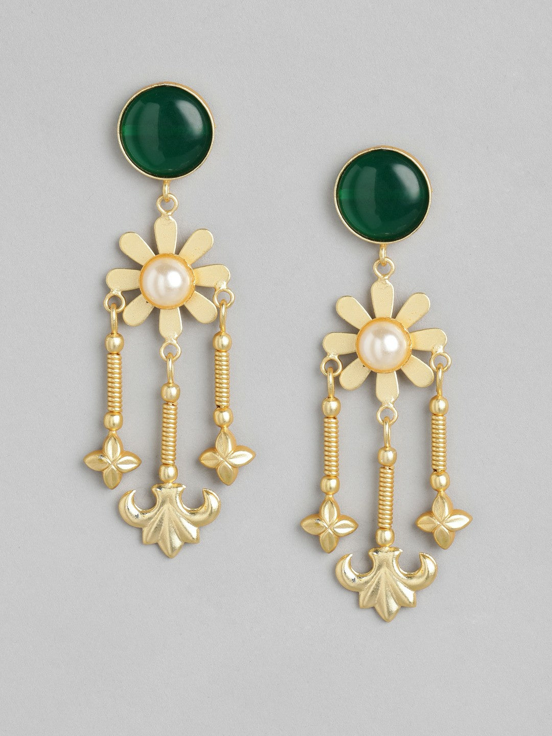 Gold Plated Green Floral Chandelier Drop Earrings with Beads