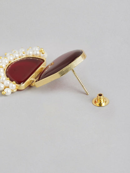 Gold-Plated Maroon Beaded Contemporary Drop Earrings