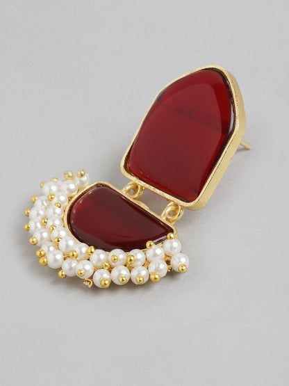 Gold-Plated Maroon Beaded Contemporary Drop Earrings
